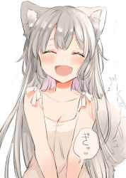 Rule 34 | 1girl, :d, ^ ^, afterimage, animal ear fluff, animal ears, bare arms, bare shoulders, blush, closed eyes, collarbone, commentary request, dress, facing viewer, fang, grey hair, highres, long hair, mito (go!go!king!), open mouth, original, pink hair, simple background, sleeveless, sleeveless dress, smile, solo, tail, tail wagging, thick eyebrows, upper body, very long hair, white background, white dress