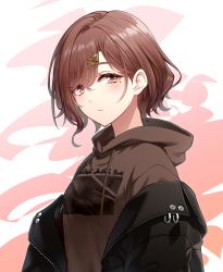 Rule 34 | 1girl, black jacket, brown eyes, brown hair, closed mouth, clothes writing, drawstring, expressionless, hair ornament, hairclip, higuchi madoka, hood, hood down, hoodie, idolmaster, idolmaster shiny colors, jacket, lipstick, looking at viewer, makeup, mole, mole under eye, off shoulder, open clothes, open jacket, orange hoodie, pink background, short hair, solo, sukusu909, two-tone background, unzipped, upper body