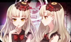 Rule 34 | 1girl, black dress, blonde hair, bow, dress, eyebrows, frilled dress, frills, hair ornament, hand to own mouth, hat, highres, long hair, looking at viewer, mayu (vocaloid), mofuruo, mugshot, multiple views, red bow, sleeveless, solo focus, vocaloid, yellow eyes