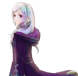Rule 34 | 1girl, cape, fire emblem, fire emblem awakening, hood, long hair, looking at viewer, nintendo, robaco, robin (female) (fire emblem), robin (fire emblem), simple background, solo, twintails, white background, white hair, yellow eyes