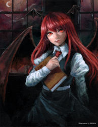 Rule 34 | 1girl, artist name, bat wings, book, hugging book, closed mouth, cloud, collared shirt, commentary request, crescent moon, dark, dress shirt, hair between eyes, head wings, holding, holding book, johnalay, juliet sleeves, koakuma, lips, long hair, long sleeves, looking at viewer, moon, necktie, night, night sky, hugging object, oil painting (medium), painting (medium), puffy sleeves, red eyes, red hair, red necktie, shirt, skirt, skirt set, sky, solo, touhou, traditional media, vest, white shirt, window, wings