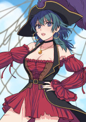 Rule 34 | blue eyes, blue hair, breasts, byleth (female) (fire emblem), byleth (fire emblem), cleavage, collar, corset, dress, earrings, feather hair ornament, fire emblem, fire emblem: three houses, hair ornament, hand on own hip, hat, highres, jewelry, large breasts, nail polish, nintendo, open mouth, parted lips, pendant, pirate costume, pirate hat, purple nails, red dress, scar, scar on chest, scar on leg, thighs, torn clothes, torn dress, yudepan (yuri no sugata)