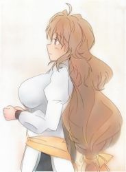Rule 34 | 1girl, breasts, brown eyes, brown hair, cindy (meikyuu black company), from side, highres, large breasts, long hair, low ponytail, meikyuu black company, potekichi, shirt, solo, white shirt
