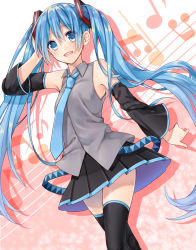Rule 34 | 1girl, bad id, bad pixiv id, beamed quavers, blue eyes, blue hair, detached sleeves, hatsune miku, highres, long hair, musical note, necktie, open mouth, quaver, renkon (re n k n), skirt, solo, staff (music), thighhighs, twintails, very long hair, vocaloid