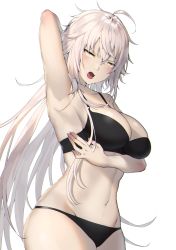 Rule 34 | 1girl, ahoge, annoyed, arm behind head, arm under breasts, armpits, bare shoulders, black bra, black panties, blush, bra, breasts, cleavage, fate/grand order, fate (series), highres, itohana, jeanne d&#039;arc (fate), jeanne d&#039;arc alter (avenger) (fate), jeanne d&#039;arc alter (fate), large breasts, long hair, navel, open mouth, pale skin, panties, presenting armpit, silver hair, solo, underwear, underwear only, very long hair, yellow eyes