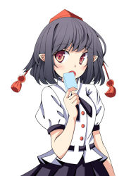 Rule 34 | 1girl, :o, black hair, blush, eating, hat, looking at viewer, oimo (imoyoukan), oimonocake, open mouth, puffy short sleeves, puffy sleeves, shameimaru aya, shirt, short hair, short sleeves, skirt, solo, tokin hat, touhou