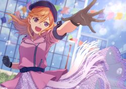Rule 34 | 1girl, beret, black gloves, clenched hand, commentary request, floating hair, gloves, hair between eyes, hat, highres, jacket, looking at viewer, love live!, love live! superstar!!, macken, medium hair, open mouth, orange hair, outdoors, purple eyes, purple hat, purple jacket, reaching, reaching towards viewer, shibuya kanon, sidelocks, solo, standing, swept bangs, teeth, upper body, upper teeth only, we will!! (love live!), wristband