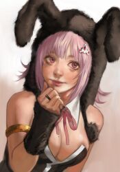 1girl animal_ears arm_warmers armlet bare_shoulders black_leotard breasts brown_background danganronpa_(series) danganronpa_2:_goodbye_despair flipped_hair galaga gradient_background hair_ornament highres jewelry large_breasts leotard medium_hair nanami_chiaki neck_ribbon official_alternate_costume pink_eyes pink_hair pink_ribbon playboy_bunny rabbit_ears rei_(tdn_ng) ribbon ring smile solo white_leotard