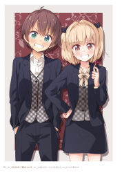 Rule 34 | 2girls, androgynous, black bow, black jacket, black pants, black skirt, blonde hair, blush, bow, brown eyes, brown hair, candy, collarbone, collared shirt, copyright name, cowboy shot, dress shirt, food, formal, green eyes, grin, hair bow, hair intakes, hand on own hip, hands in pocket, highres, holding, holding candy, holding food, holding lollipop, iijima yun, jacket, log, lollipop, long hair, long sleeves, looking at viewer, miniskirt, multiple girls, new game!, official art, open clothes, open jacket, page number, pant suit, pants, pencil skirt, plaid, plaid vest, shinoda hajime, shirt, short hair, skirt, skirt suit, smile, standing, suit, tokunou shoutarou, twintails, vest, white shirt, wing collar