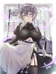 Rule 34 | 1girl, absurdres, apron, azur lane, bellona (armed to clean) (azur lane), bellona (azur lane), black thighhighs, breasts, chest belt, cleavage, cleavage cutout, clothes lift, clothing cutout, commission, dress, dress lift, earrings, garter straps, gloves, grey hair, highres, indoors, jewelry, large breasts, looking at viewer, maid, maid apron, maid headdress, official alternate costume, purple eyes, ryi5661124, short hair, skeb commission, smile, solo, thighhighs, thighs, underbust