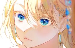 Rule 34 | 1girl, 58 (opal 00 58), blonde hair, blue eyes, blue gemstone, blurry, blurry foreground, close-up, closed mouth, commentary, depth of field, earrings, english commentary, eye focus, gem, glint, jewelry, lips, original, portrait, solo
