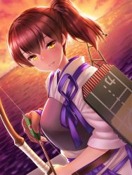 Rule 34 | 10s, 1girl, arrow (projectile), bow (weapon), brown hair, cloud, dutch angle, flight deck, gloves, japanese clothes, kaga (kancolle), kantai collection, lips, looking at viewer, muneate, ocean, orange sky, parted lips, partially fingerless gloves, partly fingerless gloves, side ponytail, single glove, sky, smile, solo, sunset, tasuki, upper body, weapon, yapo (croquis side), yellow eyes, yugake