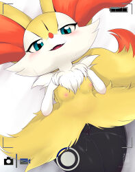 Rule 34 | 1girl, absurdres, alternate eye color, animal ear fluff, animal ears, artist name, battery indicator, bed sheet, black fur, blue eyes, blush, body fur, braixen, breasts, cleft of venus, completely nude, cowboy shot, creatures (company), dated, dutch angle, eryz, fangs, female focus, fox ears, fox girl, fox tail, from above, furaffinity username, furry, furry female, game freak, gen 6 pokemon, half-closed eyes, hands on own chest, hands up, happy, highres, looking at viewer, lying, multicolored fur, neck fur, nintendo, nipples, nude, on back, open mouth, pokemon, pokemon (creature), pussy, pussy juice, shiny skin, signature, simple background, small breasts, smile, solo, sweat, tail, thick thighs, thighs, twitter username, uncensored, viewfinder, white background, white fur, wide hips, yellow fur