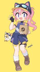 Rule 34 | 1girl, animal ears, blue eyes, boots, calico, cat, cat ears, clothes around waist, delivery, goggles, goggles on head, hair between eyes, hat, highres, jacket, jacket around waist, long hair, mascot, nanatsuta, pink hair, ponytail, simple background, steam (platform), steam delivery girl, yellow background