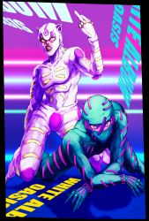 Rule 34 | 2boys, absurdres, bodysuit, brown eyes, clenched teeth, curly hair, glasses, highres, ice skates, jojo no kimyou na bouken, male focus, multiple boys, neon palette, purple hair, sano (hospital 0434), secco, skates, stand (jojo), teeth, trait connection, vento aureo, white album (stand)