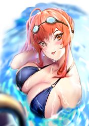 Rule 34 | 1girl, :p, absurdres, azur lane, bikini, black bikini, breasts, female focus, from above, goggles, goggles on head, highres, large breasts, long hair, looking at viewer, looking up, multi-strapped bikini, multiple straps, o-ring, o-ring bikini, official alternate costume, orange eyes, pastaishi, pool ladder, poolside, red hair, side ponytail, skindentation, solo, swimsuit, tongue, tongue out, water, wet, zara (azur lane), zara (poolside coincidence) (azur lane)