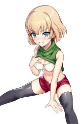 Rule 34 | 10s, 1girl, absurdres, akamoku, bad id, bad pixiv id, black thighhighs, blonde hair, blue eyes, blush, breasts, cleavage, clenched teeth, commentary request, girls und panzer, highres, katyusha (girls und panzer), looking at viewer, medium breasts, panties, red shorts, short hair, shorts, simple background, sitting, sleeveless, smile, solo, teeth, thighhighs, unbuttoned, underwear, white background, white panties