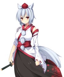 Rule 34 | 1girl, animal ears, breasts, clenched hand, detached sleeves, frown, hat, highres, inubashiri momiji, kourindou tengu costume, looking at viewer, medium breasts, obi, sash, short hair, silver hair, solo, sword, tail, tokin hat, touhou, transparent background, weapon, white background, wolf ears, wolf tail, yabu q, yellow eyes