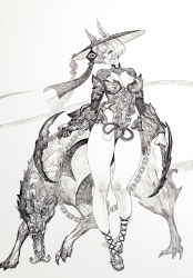 Rule 34 | 1girl, absurdres, animal ears, breasts, chain, cleavage, dual wielding, hat, highres, holding, holding weapon, jeffr, legs, leotard, lips, monster, original, sandals, shiny skin, short hair, sickle, simple background, sketch, solo, tail, traditional clothes, weapon, white background