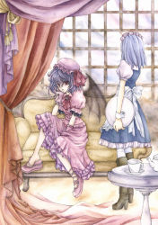 Rule 34 | 2girls, apron, ascot, blue hair, boots, head rest, couch, cup, curtains, dress, gloves, hat, indoors, izayoi sakuya, kawatsuki, maid, maid apron, maid headdress, mob cap, multiple girls, pantyhose, pink dress, puffy sleeves, red eyes, remilia scarlet, room, shoe dangle, short sleeves, silver hair, sitting, teacup, teapot, touhou, window