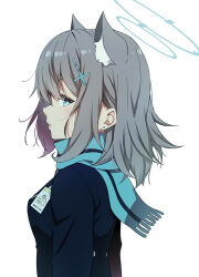 Rule 34 | 1girl, animal ears, blue archive, blue eyes, commentary request, earrings, from side, grey hair, hair ornament, hairclip, halo, id card, jewelry, kouji (campus life), looking at viewer, looking to the side, parted lips, scarf, school emblem, school uniform, shiroko (blue archive), short hair, solo, white background, wolf ears