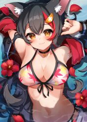 Rule 34 | 1girl, animal ears, arms up, bikini, black choker, black hair, breasts, choker, fingernails, flower, hair between eyes, hair ornament, highres, hololive, large breasts, light blush, long hair, looking at viewer, multicolored hair, navel, ookami mio, ookami mio (hololive summer 2019), partially submerged, smile, solo, streaked hair, string bikini, swimsuit, takumin dx, upper body, very long hair, virtual youtuber, wolf ears, wolf girl, yellow eyes