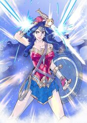 Rule 34 | 1girl, armor, blue hair, blue skirt, circlet, commentary request, cowboy shot, dc comics, earrings, highres, holding, holding shield, holding sword, holding weapon, jewelry, lasso of truth, long hair, looking to the side, pink lips, red eyes, second-party source, shield, shiina takashi, skirt, smile, solo, sword, weapon, wonder woman, wonder woman (series)