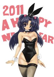 Rule 34 | 00s, 10s, 1girl, 2011, animal ears, arms at sides, black bow, black bowtie, black leotard, black thighhighs, blue eyes, blue hair, bow, bowtie, breasts, clannad, cleavage, cowboy shot, detached collar, facing viewer, fake animal ears, fake animal lears, hair bobbles, hair ornament, happy new year, ichinose kotomi, large breasts, leotard, long hair, matching hair/eyes, medium breasts, new year, no bra, playboy bunny, purple hair, rabbit ears, revealing clothes, simple background, solo, standing, strapless, strapless leotard, thigh gap, thighhighs, thighs, toshi (little-fluffy-cloud), twintails, two side up, white background, wrist cuffs