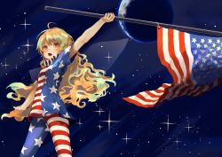 Rule 34 | 1girl, ahoge, american flag dress, american flag legwear, arm at side, arm up, berabou, blonde hair, blue dress, blue pantyhose, clownpiece, commentary request, cowboy shot, dress, earth (planet), fairy wings, flag, holding, holding flag, long hair, looking afar, neck ruff, no headwear, open mouth, pantyhose, planet, red dress, red eyes, red pantyhose, short dress, short sleeves, solo, space, sparkle, standing, star (sky), star (symbol), star print, striped clothes, striped dress, striped pantyhose, thighs, touhou, very long hair, wavy mouth, white dress, white pantyhose, wings