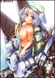 Rule 34 | 1girl, alternate costume, bare shoulders, blue eyes, blue hair, breasts, cleavage, cucumber, expressionless, face, female focus, full body, hair bobbles, hair ornament, hat, kawashiro nitori, large breasts, matching hair/eyes, naked overalls, no bra, overalls, sachito, shoes, short hair, sideboob, sitting, solo, strap slip, suspenders, touhou, twintails, two side up