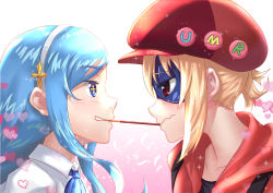 Rule 34 | + +, 2girls, absurdres, black shirt, blonde hair, blue eyes, blue hair, blue ribbon, blush, brown eyes, bubble, cabbie hat, character name, closed mouth, collared shirt, commentary request, doma umaru, domino mask, eye contact, food, grin, hair between eyes, hat, headband, heart, highres, himouto! umaru-chan, hood, hoodie, ice dacapo, long hair, looking at another, mask, multiple girls, neck ribbon, pocky, pocky kiss, red hat, red hoodie, ribbon, shared food, shirt, short hair, sidelocks, smile, sparkle, strap, symbol-shaped pupils, tachibana sylphynford, umr (himouto! umaru-chan), white shirt, wing collar, yuri