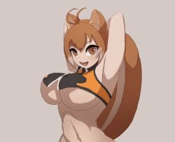 Rule 34 | 1girl, animal ears, animated, animated gif, antenna hair, arc system works, armpits, arms behind head, arms up, blazblue, bouncing, bouncing breasts, breasts, brown eyes, brown hair, buck teeth, commentary, crop top, dancing, english commentary, hair between eyes, large breasts, looking at viewer, looping animation, makoto nanaya, martin (tuxedopato), me!me!me! dance (meme), meme, midriff, navel, one eye closed, open mouth, revealing clothes, simple background, solo, squirrel ears, squirrel girl, squirrel tail, stomach, stretching, tail, teeth, underboob, upper teeth only, winking (animated)
