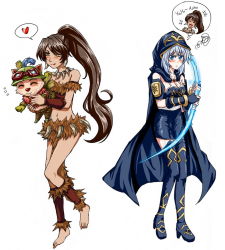 Rule 34 | 2girls, anklet, ashe (league of legends), bandeau, barefoot, blush, boots, breasts, cleavage, feet, jealous, jewelry, kusumo (kungsu2), league of legends, legs, long hair, midriff, multiple girls, navel, nidalee, polearm, shirt, spear, taut clothes, taut shirt, teemo, thigh boots, thighhighs, weapon