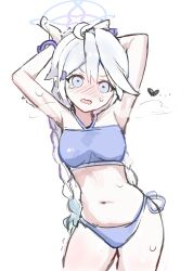 Rule 34 | 1girl, absurdres, ahoge, alternate costume, arms behind head, belly, bikini, black eyeliner, blue archive, blue bikini, blue eyes, blue halo, blush, braid, breasts, cowboy shot, cuffs, embarrassed, eyeliner, hair between eyes, hair ornament, hairclip, hairpin, halo, handcuffs, highres, kirino (blue archive), looking at viewer, makeup, medium breasts, midriff, motion lines, navel, nez (nez 0 0), nose blush, open mouth, restrained, shadow, shaking, simple background, smell, smoke, solo, steaming body, sweat, sweatdrop, swept bangs, swimsuit, tearing up, thighs, twin braids, twintails, upper body, v-shaped eyebrows, wavy mouth, white background, white hair