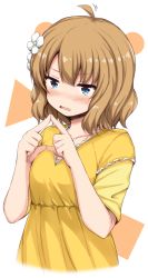 Rule 34 | 1girl, ahoge, blue eyes, blush, breasts, commentary request, dress, fingers together, flower, hair between eyes, hair flower, hair ornament, hands up, head tilt, idolmaster, idolmaster million live!, index fingers together, light brown hair, lockheart, looking at viewer, nose blush, parted lips, short sleeves, small breasts, solo, suou momoko, upper body, white background, white flower, yellow dress