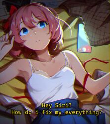 Rule 34 | 1girl, absurdres, bare arms, bare shoulders, blue eyes, bow, breasts, brown vest, chromatic aberration, d:, doki doki literature club, english text, hair between eyes, hair bow, highres, jacket, khyle., looking up, lying, on back, open mouth, phone, pink hair, pleated skirt, red bow, reference request, ribbon, sayori (doki doki literature club), shirt, shirt tucked in, short hair, skirt, small breasts, solo, teeth, unworn jacket, unworn vest, vest, white shirt
