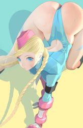 Rule 34 | 1girl, all fours, armband, ass, backless leotard, bare legs, blonde hair, blue background, blue eyes, blue leotard, bodypaint, braid, breasts, cacn, cammy white, capcom, closed mouth, commentary, covered erect nipples, dated, expressionless, facial scar, feet out of frame, fingerless gloves, from above, garrison cap, gauntlets, gloves, hair pulled back, hat, highleg, highleg leotard, highres, huge ass, leotard, lips, looking at viewer, looking up, medium breasts, necktie, pink hat, red gloves, ribbed leotard, scar, scar on cheek, scar on face, shadow, short hair with long locks, signature, solo, street fighter, sweat, thighs, thong leotard, top-down bottom-up, twin braids, twintails, white necktie