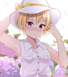 Rule 34 | 1girl, amidada, arm up, armpits, bare arms, blonde hair, blush, bow, breast pocket, commentary request, dress, flower, hair ornament, hairclip, hand on headwear, hat, hat bow, highres, hydrangea, idolmaster, idolmaster shiny colors, looking at viewer, pink eyes, pocket, saijo juri, short hair, sleeveless, sleeveless dress, solo, sundress, upper body, white dress, white hat