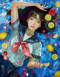 1girl absurdres black_hair commentary flower food fruit highres lemon lemon_slice long_hair lying neckerchief on_back original partially_submerged petals pink_neckerchief red_flower school_uniform serafuku short_sleeves solo vijoux water