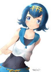 Rule 34 | 1girl, arms behind back, blue eyes, blue hair, blue sailor collar, closed mouth, collarbone, creatures (company), game freak, headgear, highres, kaijinkazami, lana (pokemon), looking at viewer, matching hair/eyes, nintendo, pokemon, pokemon sm, sailor collar, short hair, sleeveless, smile, solo, swimsuit, swimsuit under clothes, twitter username, white background