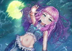 Rule 34 | 1girl, akajiyuuki, arm up, blue eyes, blue nails, bracelet, crop top, from above, hair ornament, highres, jewelry, laura la mer, long hair, looking up, lying, mermaid, midriff, monster girl, moon, nail polish, navel, night, on back, parted lips, pink hair, precure, reflection, reflective water, solo, stomach, tropical-rouge! precure, very long hair, wet, wet hair