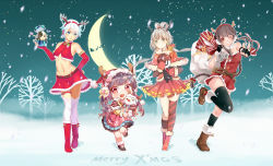 Rule 34 | 4girls, :d, absurdres, antlers, artist request, bad id, bare shoulders, bare tree, bell, black gloves, black hair, black socks, blue eyes, boots, bow, box, braid, breasts, brown footwear, brown hair, buttons, cape, carrying over shoulder, chibi, christmas, collaboration, comic, crescent moon, detached collar, doll, dongqing zaozigao, dress, fingerless gloves, fur trim, gloves, grin, hair bell, hair bow, hair ornament, hair ribbon, hair rings, hat, headphones, heart, heart hair ornament, highres, holding, holly, horn ornament, horns, in box, in container, kneehighs, lineup, long hair, long sleeves, looking at viewer, low twintails, luo tianyi, merry christmas, midriff, mistletoe, mittens, mo qingxian, moon, multiple girls, navel, night, night sky, one eye closed, open mouth, outdoors, over-kneehighs, pleated dress, pleated skirt, red bow, red dress, red eyes, red footwear, red gloves, red hat, red lips, red ribbon, red skirt, reindeer antlers, ribbon, sack, santa boots, santa claus, santa costume, santa hat, shadow, shoes, short hair, sideboob, single kneehigh, single sock, single thighhigh, skirt, sky, sleeveless, smile, snow, snowing, snowman, snowman print, socks, standing, standing on one leg, stomach, strapless, striped bow, striped clothes, striped legwear, striped ribbon, striped thighhighs, thighhighs, tree, twintails, v, very long hair, vocaloid, vocanese, white hair, white legwear, yan he, yanhe, yellow bow, yuezheng ling, yuezheng longya