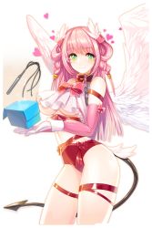 Rule 34 | 1girl, angel wings, blush, breasts, chain, cleavage, collar, demon tail, elbow gloves, gloves, green eyes, hair ornament, hasel (soccer spirits), heart, highres, large breasts, long hair, looking at viewer, pink hair, smile, snowball22, soccer spirits, solo, tail, transparent background, underboob, whip, white gloves, white wings, wings