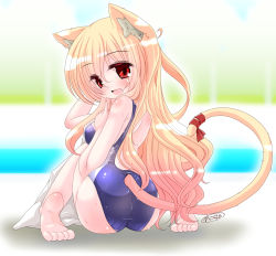 Rule 34 | 1girl, animal ears, ass, barefoot, blonde hair, blush, cat ears, cat tail, competition swimsuit, from behind, kanijiru, looking back, one-piece swimsuit, original, red eyes, solo, swimsuit, tail