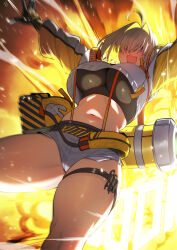 Rule 34 | 1girl, absurdres, ahoge, amano don, black bra, blonde hair, bra, breasts, commentary, crop top, crop top overhang, cropped jacket, curvy, elegg (nikke), explosion, fang, fanny pack, feet out of frame, goddess of victory: nikke, hair intakes, hair over eyes, highres, jacket, large breasts, long bangs, looking at viewer, motion blur, multicolored clothes, multicolored jacket, navel, open mouth, outstretched arms, purple eyes, short hair, short shorts, shorts, skin fang, skindentation, smile, solo, sports bra, stomach, suspender shorts, suspenders, thigh strap, thighs, two-tone jacket, underwear, white jacket, white shorts, yellow jacket