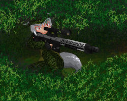 Rule 34 | 1girl, alternate costume, alternate weapon, animal ears, bullpup, bush, camouflage, colored eyelashes, dsr-1, fingerless gloves, gloves, grass, gun, hat, holding, holding gun, holding weapon, inubashiri momiji, knee up, leaf, looking at viewer, looking away, mikichosu, muzzle device, open mouth, red eyes, rifle, scope, sitting, sniper, sniper rifle, solo, tail, touhou, trigger discipline, weapon, white hair, wolf ears, wolf tail