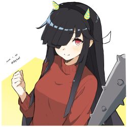 Rule 34 | 1girl, absurdres, bigkwl, black hair, closed eyes, club, club (weapon), cone horns, hair over one eye, hair ribbon, hayashimo (kancolle), highres, horns, kanabou, kantai collection, long hair, official alternate costume, one-hour drawing challenge, red eyes, red sweater, ribbon, solo, spiked club, sweater, twitter username, weapon