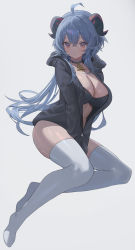 Rule 34 | 1girl, :/, absurdres, ahoge, alternate costume, bell, belt collar, between legs, black bra, black choker, black jacket, blue hair, bra, breasts, choker, cleavage, collar, commentary, crossed bangs, full body, ganyu (genshin impact), genshin impact, goat horns, hand between legs, highres, horns, jacket, large breasts, long hair, looking at viewer, neck bell, no shoes, open clothes, open jacket, sidelocks, simple background, sitting, solo, thighhighs, thighs, underwear, white background, white thighhighs, zutsuyaku