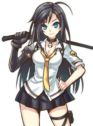 Rule 34 | 1girl, black hair, blue eyes, breasts, choker, cleavage, closers, contrapposto, cowboy shot, hair ornament, hairclip, hand on own hip, holster, long hair, looking at viewer, lubelric, necktie, pleated skirt, skirt, smile, solo, standing, sword, thigh holster, weapon, white background, yuri seo