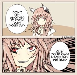 Rule 34 | 1girl, 2koma, animal ears, artist name, artist request, cat ears, comic, emphasis lines, english text, girls&#039; frontline, grin, highres, lab coat, persica (girls&#039; frontline), pink hair, raidenfiles, red eyes, smile, solo, speech bubble